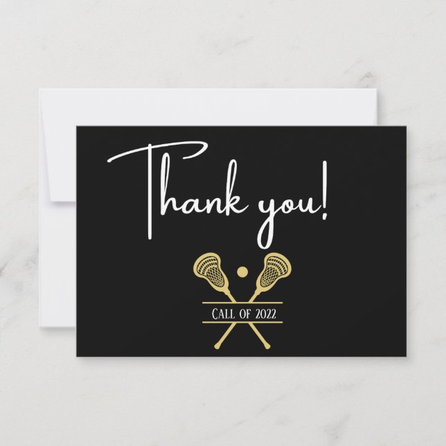 Gold Black and White Lacrosse Sports  Thank You Ca Card (Front)