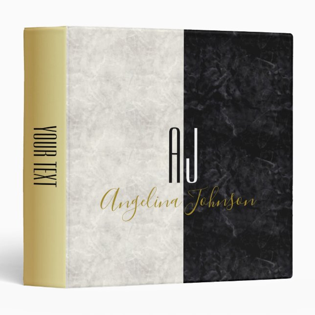 Gold Black and White Marble Monogrammed 3 Ring Binder (Front/Spine)