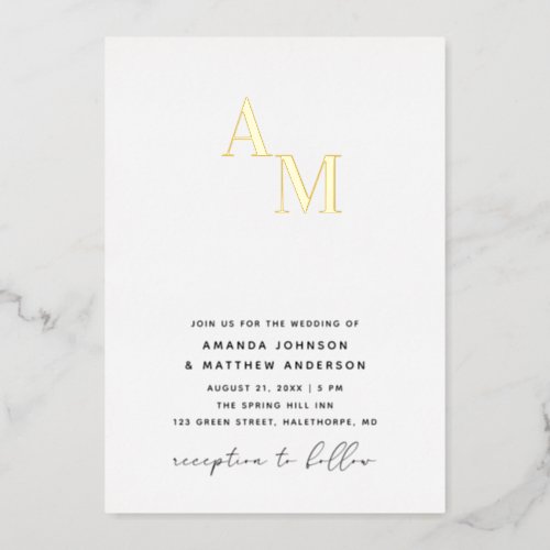 Gold Black and white minimalist wedding  details Foil Invitation