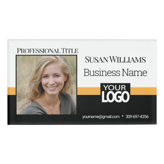 Gold, Black and White Photo ID Name Tag (Front)