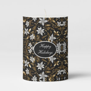 Gold, Black and White Poinsettia Happy Holidays Pillar Candle