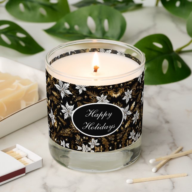 Gold, Black and White Poinsettia Happy Holidays Scented Candle (Lit)