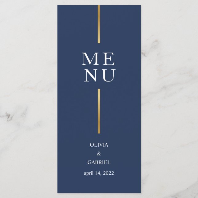 Gold black and white. Simple modern blue wedding Menu (Front)
