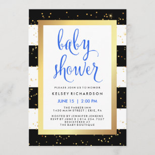 Gold Black and White Stripes Baby Shower with Blue Invitation