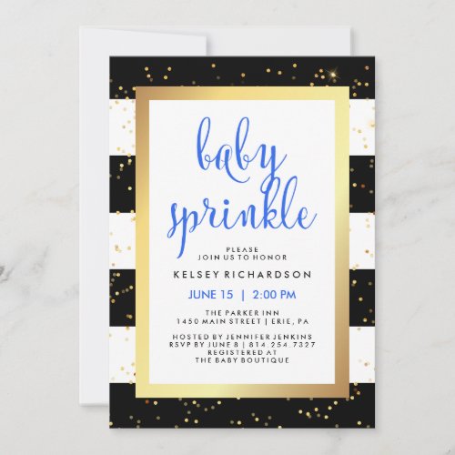 Gold Black and White Stripes Baby Sprinkle  Blue Invitation