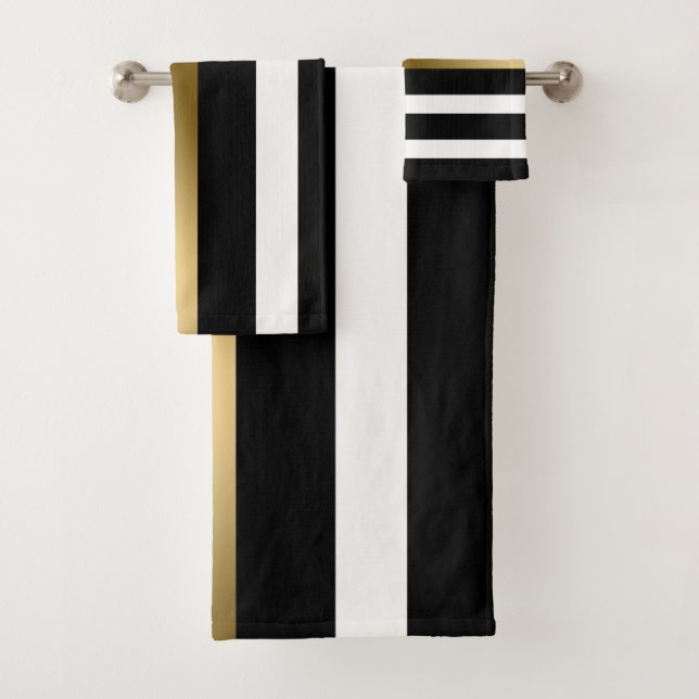 Gold Black And White Stripes Bath Towel Set (Insitu)