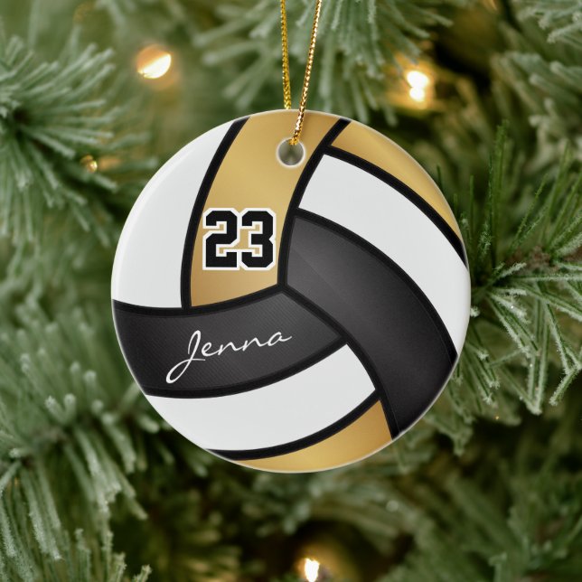 Gold, Black and White 🏐 Volleyball Ceramic Ornament (Tree)