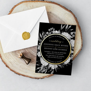 Gold Black And White Watercolor Floral Wedding Foil Invitation by beckynimoy at Zazzle