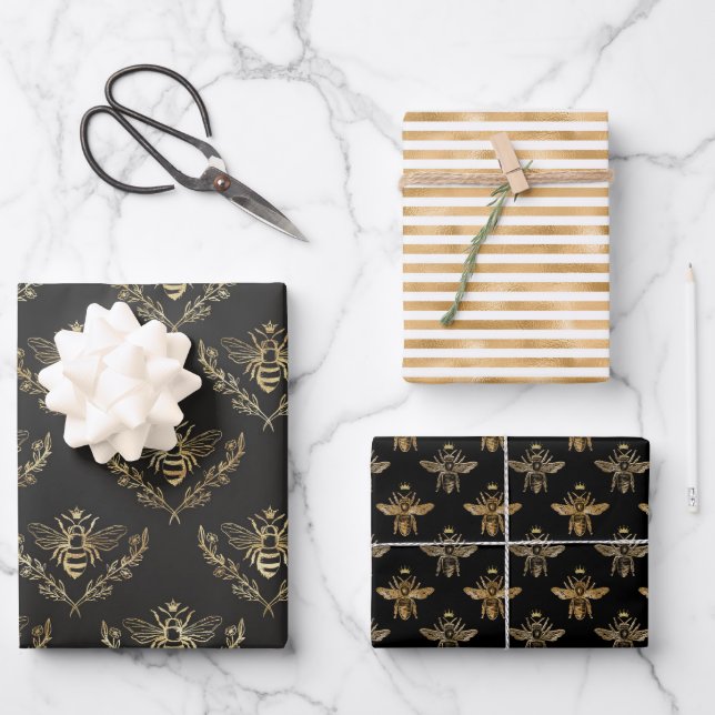 Gold Black Apiary Queen Bee Wrapping Paper Sheets (Front)