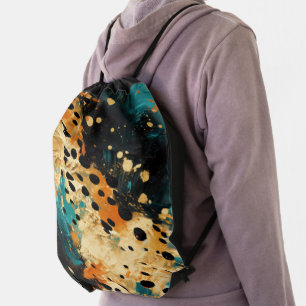 Gold Black Aqua Orange Leopard Abstract Drawstring Bag