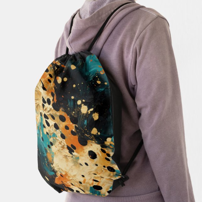 Gold Black Aqua Orange Leopard Abstract Drawstring Bag (Insitu)