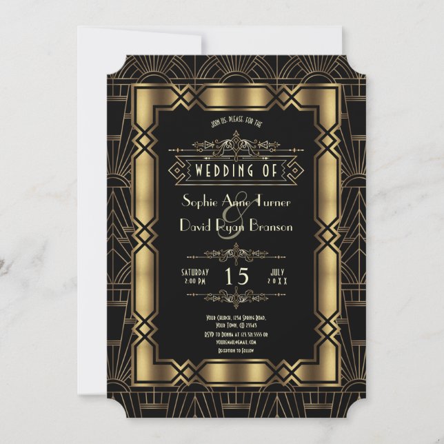Gold Black Art Deco 1920s Style Wedding Invitation (Front)