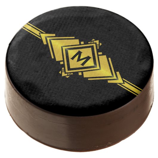 Gold & Black Art Deco Belt Monogram - 2 Chocolate Dipped Oreo (Angled)