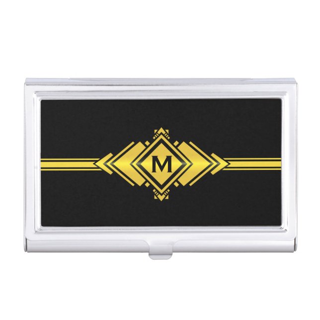 Gold & Black Art Deco Belt Monogram Business Card Holder (Front)