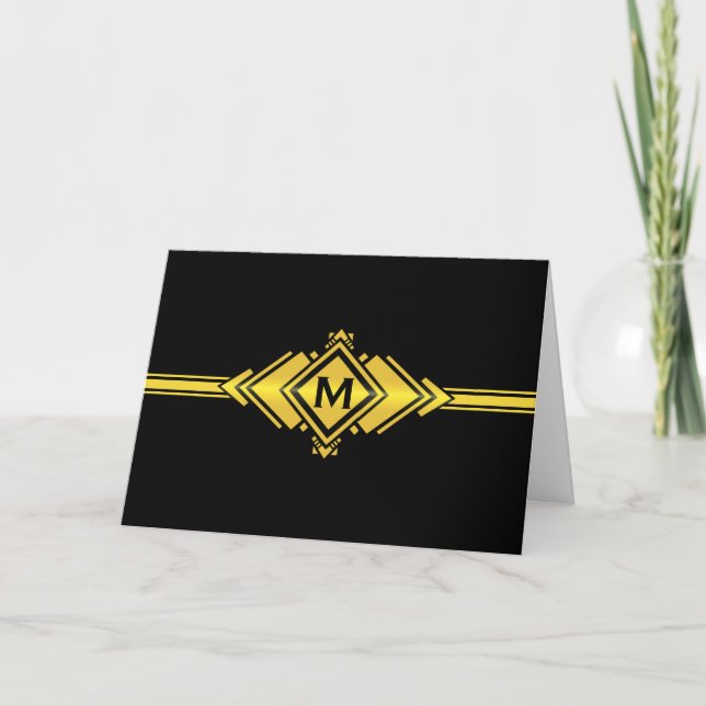 Gold & Black Art Deco Belt Monogram Note Card (Front)