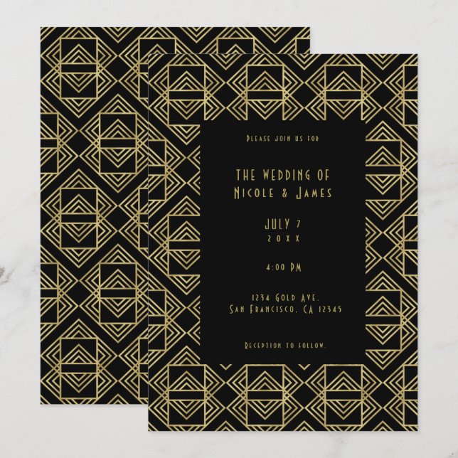 Gold & Black Art Deco Bold Retro Glam Wedding  Invitation (Front/Back)