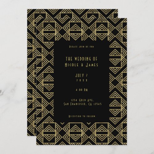 Gold  Black Art Deco Bold Retro Glam Wedding  Invitation