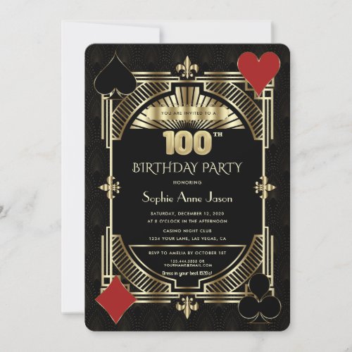 Gold Black Art Deco Casino Poker 100th Birthday  Invitation