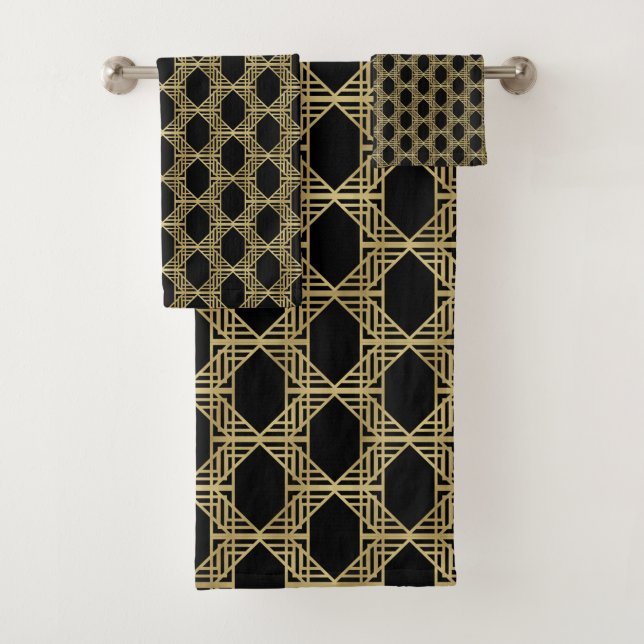 Gold Black Art Deco Diamond Chic Retro Pattern Bath Towel Set (Insitu)