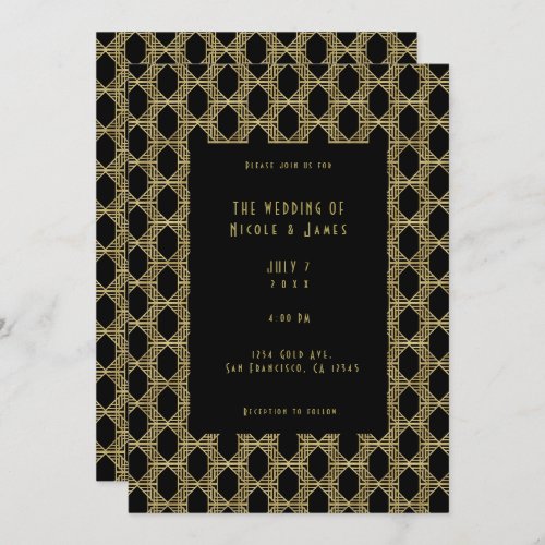 Gold Black Art Deco Diamond Chic Retro Wedding  Invitation