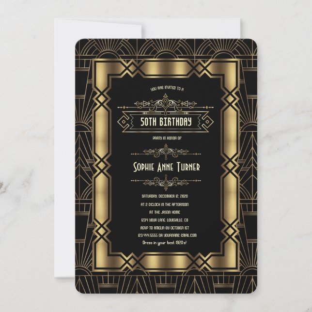 Gold Black Art Deco Gatsby 1920s Birthday Party Invitation (Front)