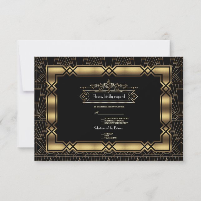 Gold Black Art Deco Gatsby 20s Style Wedding RSVP (Front)