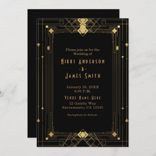 Gold  Black Art Deco Gatsby Roaring 20s Elegant Invitation