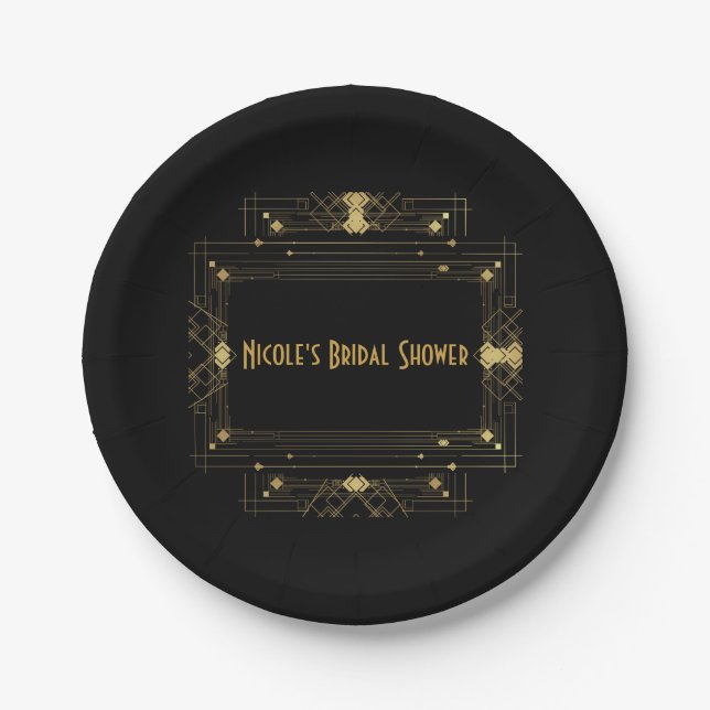 Gold & Black Art Deco Gatsby Roaring 20's Elegant Paper Plates (Front)