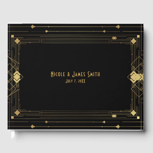 Gold & Black Art Deco Gatsby Roaring 20's Wedding Guest Book (Front)