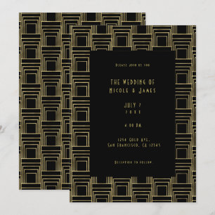 Gold Black Art Deco Geometric Sleek Retro Wedding Invitation