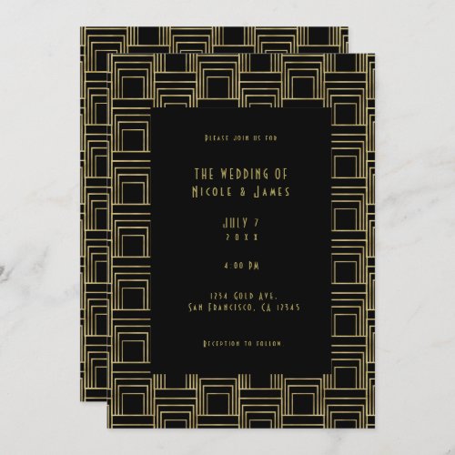 Gold Black Art Deco Geometric Sleek Retro Wedding  Invitation