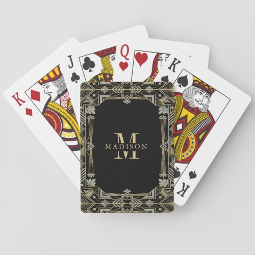 Gold Black Art Deco Glitter Frame Monogram Playing Cards