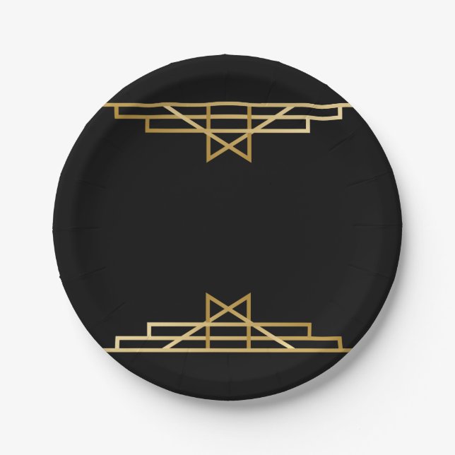Gold & Black Art Deco, Great Gatsby Wedding Party Paper Plates (Front)