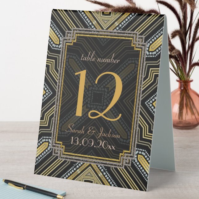 Gold Black Art Deco Guest Names Table Number Tent (In SItu (Table))
