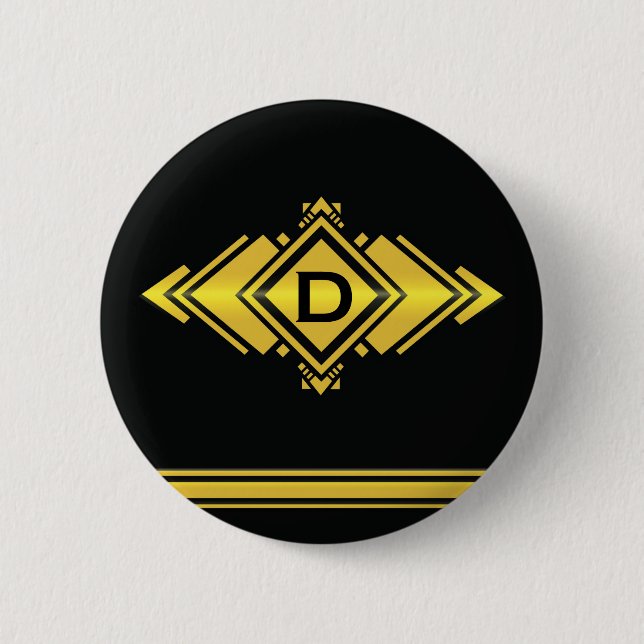 Gold & Black Art Deco Style Monogram Pinback Button (Front)