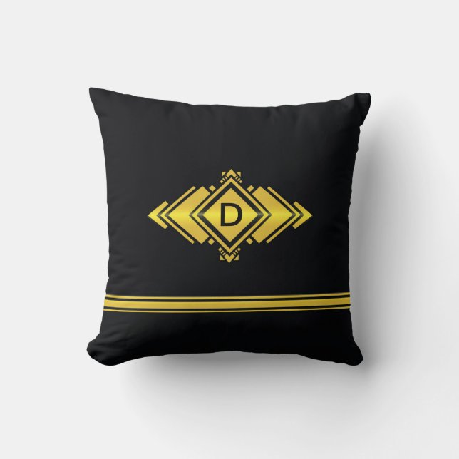Gold & Black Art Deco Style Monogram Throw Pillow (Front)