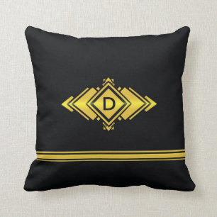 Gold & Black Art Deco Style Monogram Throw Pillow