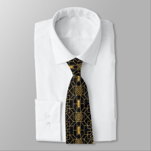 Gold black art deco tiled pattern neck tie 