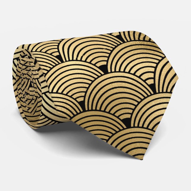 Gold black art deco tiled pattern neck tie (Rolled)
