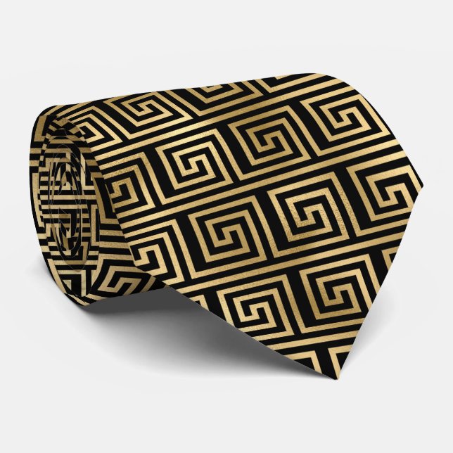 gold black art deco tiled pattern neck tie (Rolled)