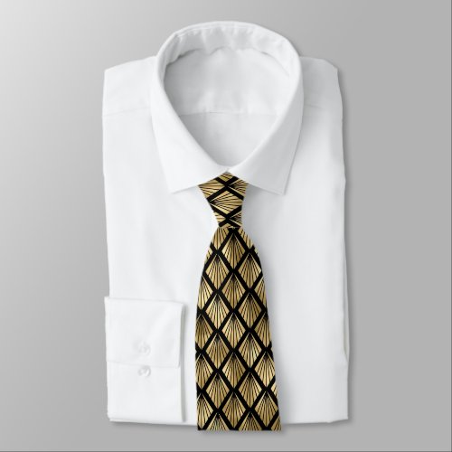 Gold black art deco tiled pattern neck tie