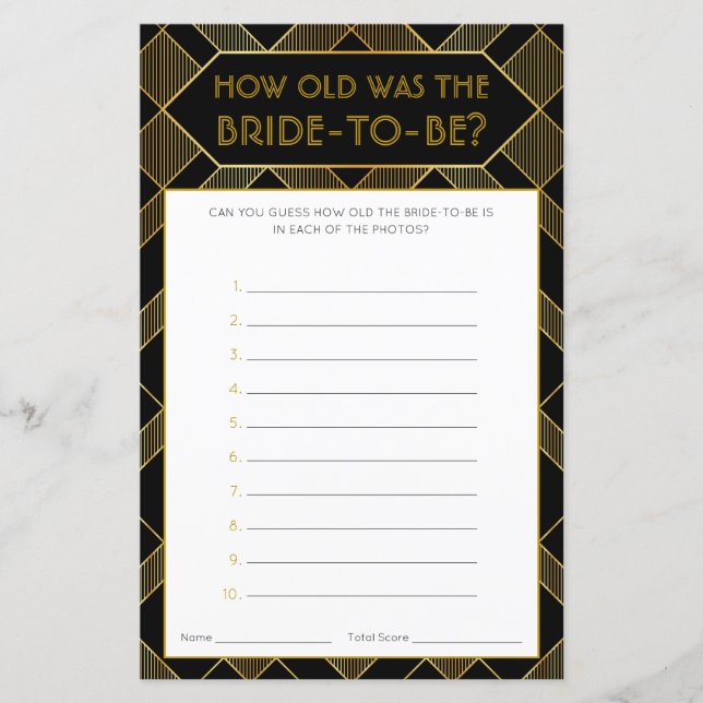 Gold & Black Art Deco Vintage Bridal Shower Game (Front)