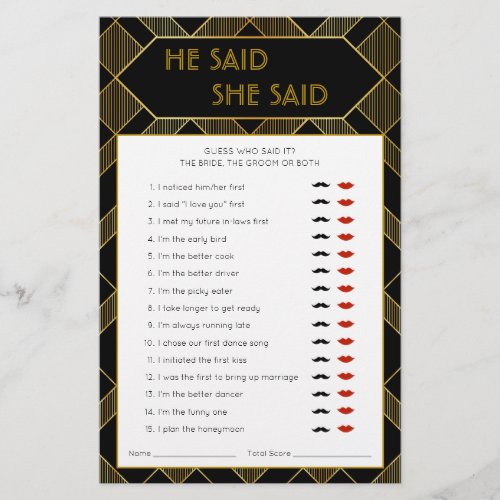 Gold  Black Art Deco Vintage Bridal Shower Game