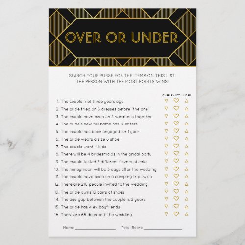 Gold  Black Art Deco Vintage Bridal Shower Game