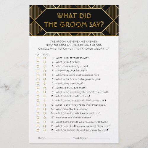 Gold  Black Art Deco Vintage Bridal Shower Game