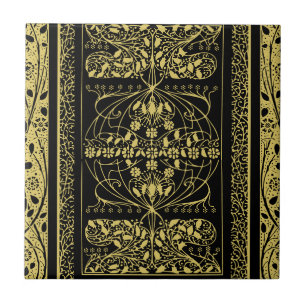 Gold & Black Art Deco Vintage Floral Swirl Ceramic Tile