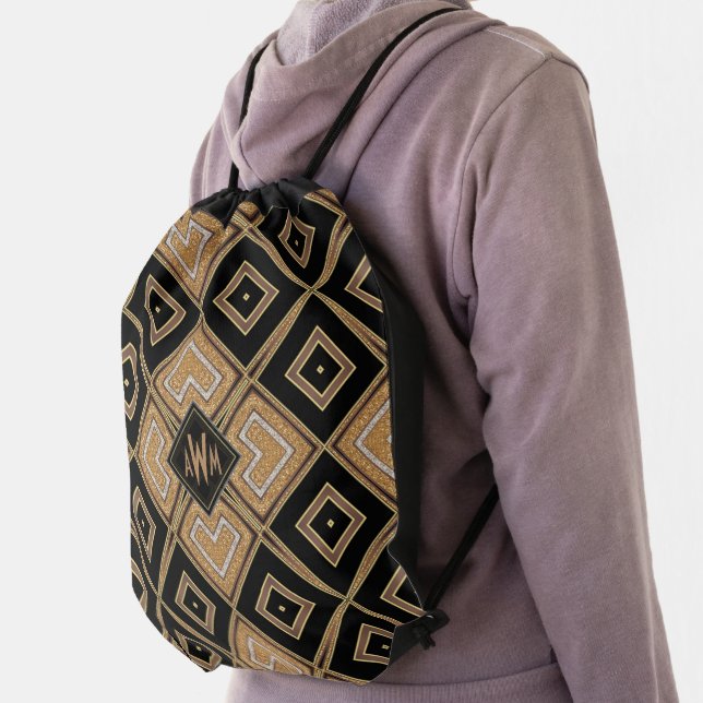 Gold+Black ArtDeco Monogram Geometry Pattern Drawstring Bag (Insitu)