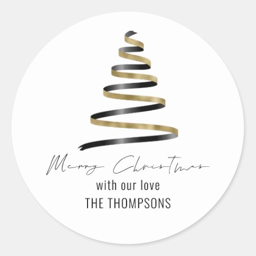 Gold Black Artsy Tree Name Merry Christmas Classic Round Sticker