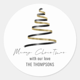 Gold Black Artsy Tree Name Merry Christmas Classic Round Sticker