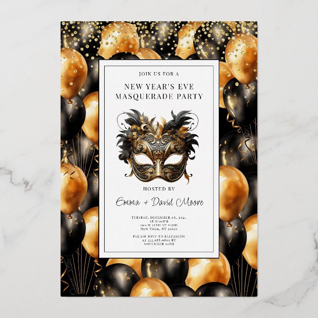 Gold Black Balloon New Year's Eve Masquerade Party Foil Invitation (Front)